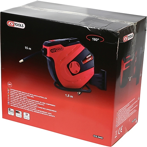 Rote und schwarze KS Tools Druckluftschlauch-Aufroller auf Karton verpackt. Aufschrift: 15 m, 1,5 m, 180°.